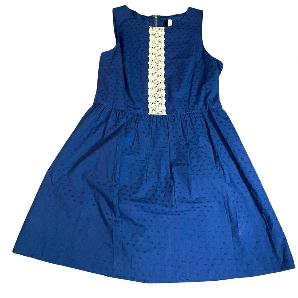 KENSIE blue cotton DRESS floral ivory lace embroidered fabric size LG sleeveless - Picture 2 of 16